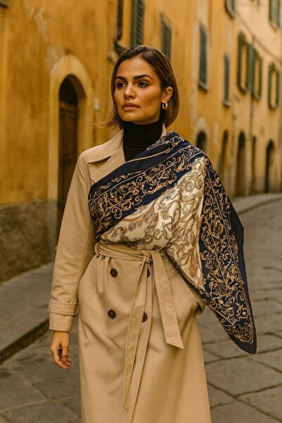 Fularcım İpek dokulu özel baskı fular lacivert 70x70