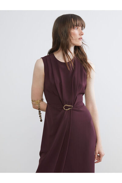 LC Waikiki Gencc Quality Lcw Vision Burgundy Dobby Plain Narrow & Slim Oval Collar Long Dress
