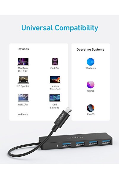 Anker موزع بيانات USB 3.0 رباعي المنافذ، USB-C OTG فائق النحافة بسرعة 5 جيجابت في الثانية، كابل 20 سم