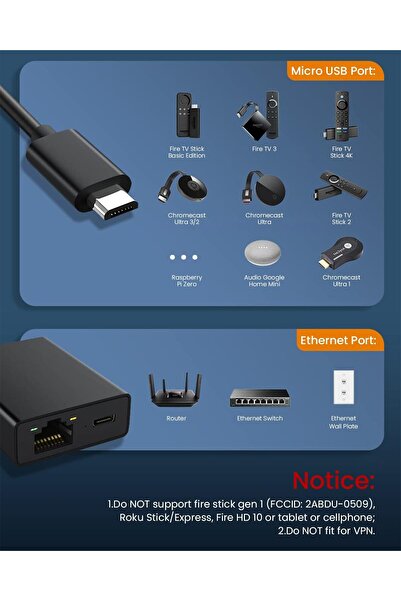 HASTHIP محول إيثرنت لجهاز Fire TV Stick - محول Micro USB إلى RJ45 LAN (HASTHIP)