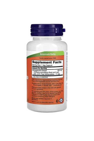 Now Foods Ashwagandha Extract Withania Somnifera root and leef 450mg now