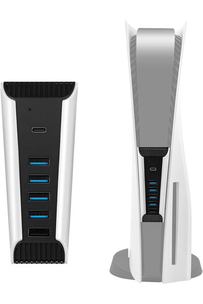 Mcbazel موزع USB 5 في 1 لجهاز PS5 (4 منافذ USB2.0 + USB-C) - PS5 رقمي/UHD، أسود