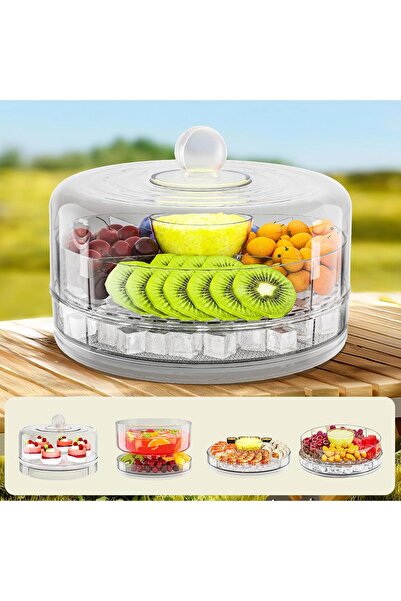 Saharaz صينية تقديم مبردة متعددة الوظائف، طبقتان مع مساحة تخزين للثلج، طبق مكون من 4 أقسام، مع غطاء دوار