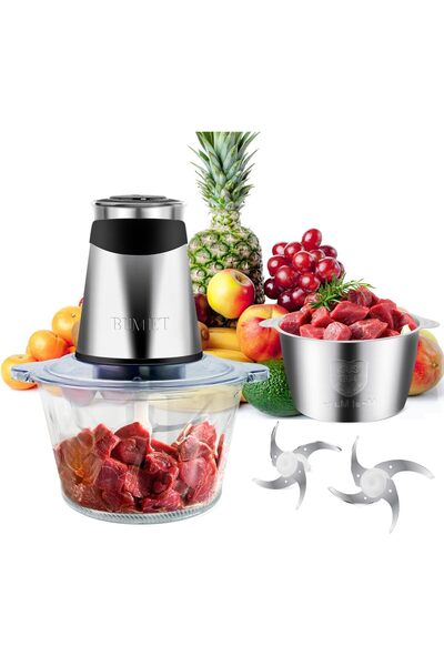 fulina Food Processor, 2-Speed Food Chopper Meat Grinder with Cup Stainless Steel & Cup Glass Bowls