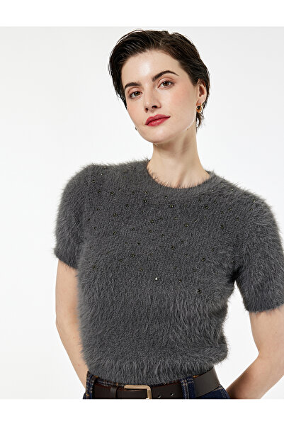 Koton Kısa Kollu Bisiklet Yaka Taşlı Peluş Triko Kazak