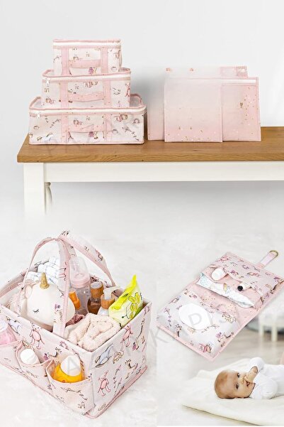Delixa Kapısı Yeni Doğan Seti - Bavul Organizer, Bakım ve Alt Bakım Çantası (Pembe)