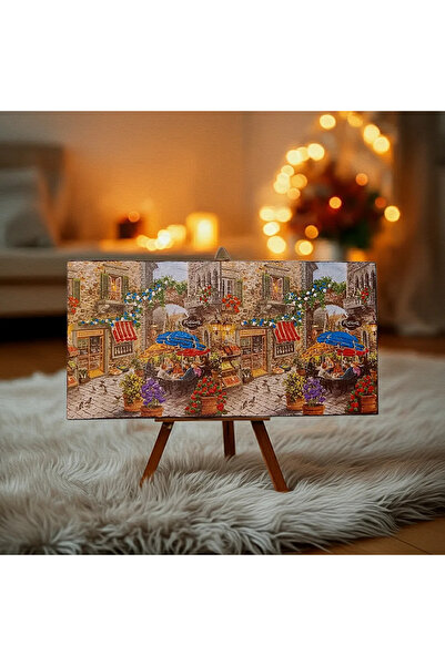 SELLGIFT Tablou Pictat Manual – Terasă Italiană Rustică – Străduță cu Flori