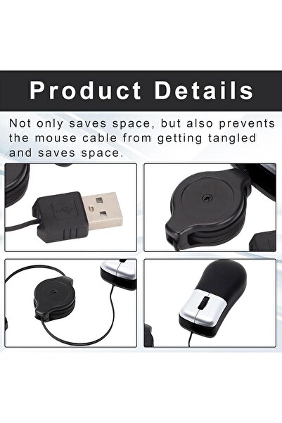 KASTWAVE Small Travel Optical Mouse — Wired Plug & Play, Retractable Cable