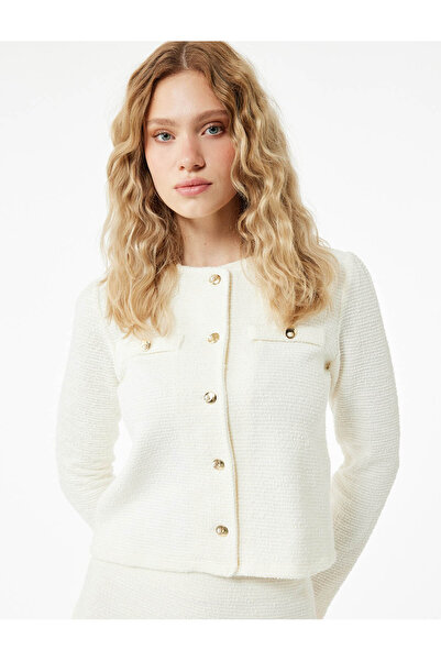 Koton Applique Detailed Textured Ecru Women's Cardigan 6Wak30046Ek