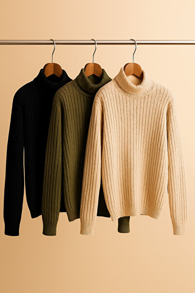 OTAKU Men's 3-Pack Knitwear Corded Fabric High Neck Sweater