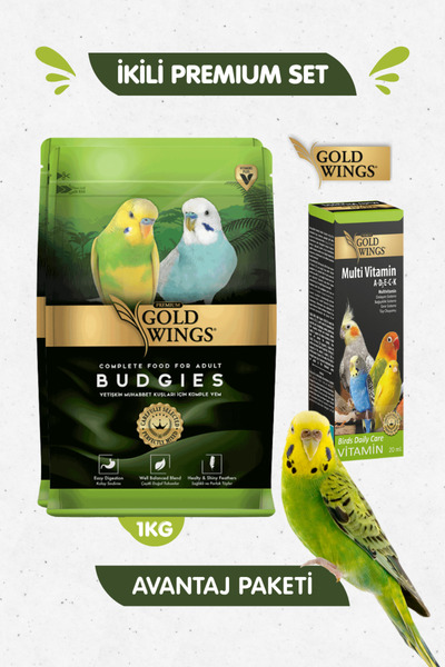 Gold Wings 2li Set - Premium Muhabbet Kuşu Yemi 1 Kg + Muhabbet Kuşu Multivit...