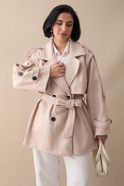 InStyle Oversize Kaşe Kumaş Astarsız Pudra Kısa Kaban