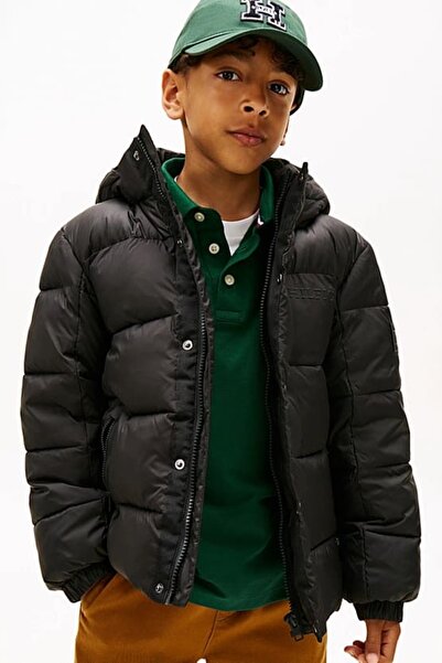 Tommy Hilfiger Erkek Çocuk Regular Fit Kabartma Yazı Logolu Kapüşonlu Şişme Mont - Siyah