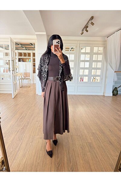 Somut istanbul Belted Midi Length Slit Skirt with Pleated Detail