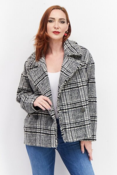 PROMOD جاكيت جينز نسائي منقوش، رمادي/أسود