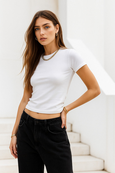 Rich Γυναικείο εκρού ελαστικό ύφασμα που ταιριάζει στο σώμα εφαρμοστό κοντομάνικο μπλουζάκι