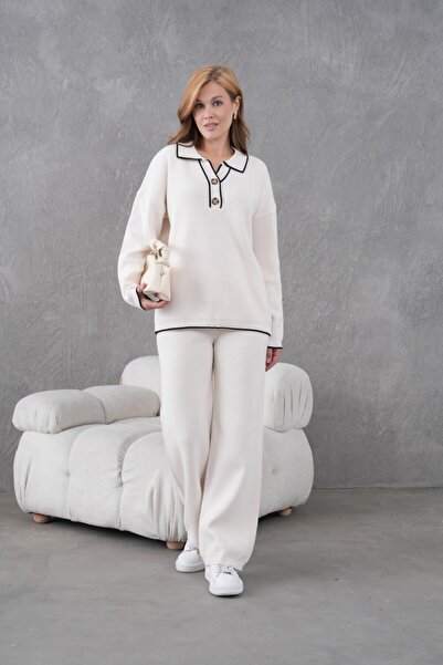 Miss Allos Women's Shirt Collar Buttoned Sweater and Pants Knitwear Set