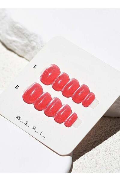 fulina Crystal Cat Eye Press-on Nails Kit,10PCs Short Square/Round Fake Nails,M,Red