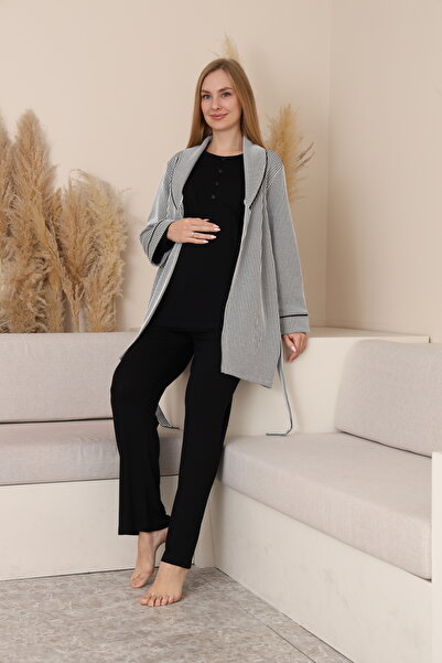 Miss Dünya Lissa Aria Çizgili Sabahlıklı Emzirmeye Uygun Hamile ve Lohusa Pijama Takımı