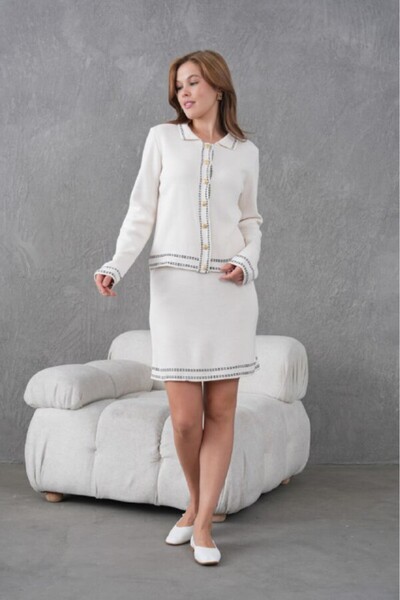 Miss Allos Women's Stitching Detailed Buttoned Front Cardigan and Skirt Knitwear Set