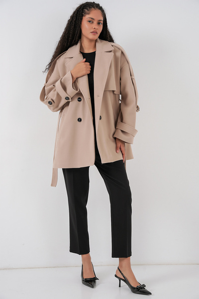 Bigdart Palton supradimensionat Kaşe pentru femei cu curea 9157 - Bej