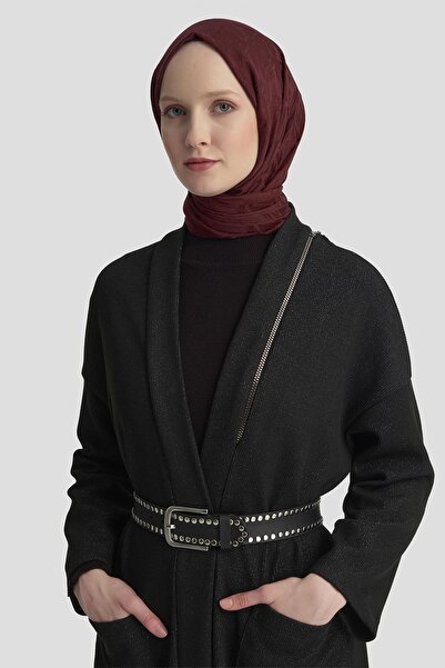 Armine TREND Ornamental Zipper Detailed Glittery Corded Fabric Cardigan Black 25Kt532