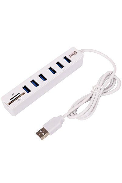COMBO 8 in 1 USB Hub, 6 USB Ports, SD/TF Card Reader, Cable Length 1M, White