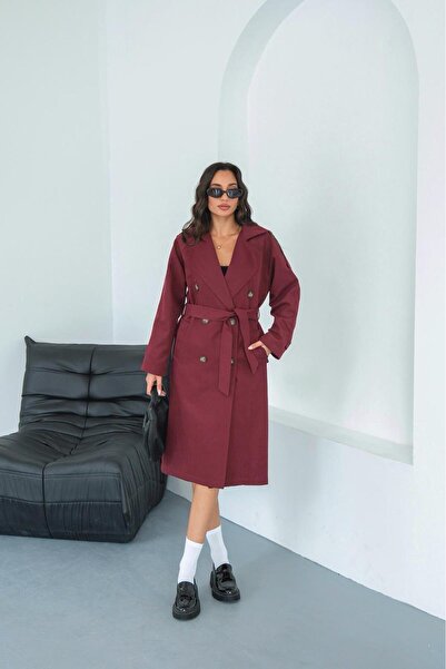 My Loore Trench de culoare burgundă cu centură căptușită MLB079