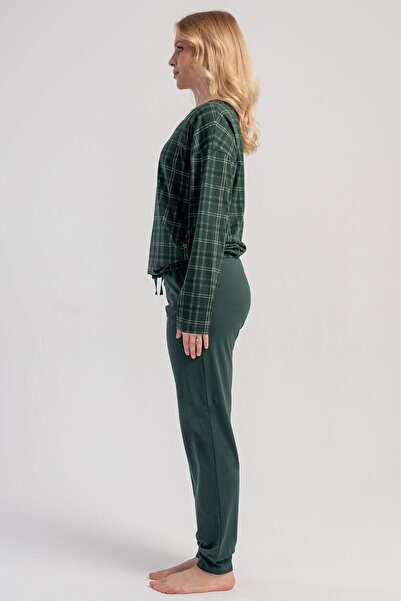 VİENETTA Kadın Haki Ekose Desenli Uzun Kollu Lastikli Paça Pamuklu Pijama Takımı C0T2N1305