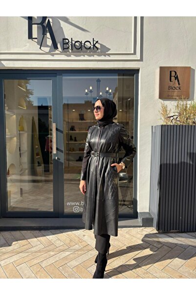 MissWhence 38420 Belt Detail Leather Overcoat Black