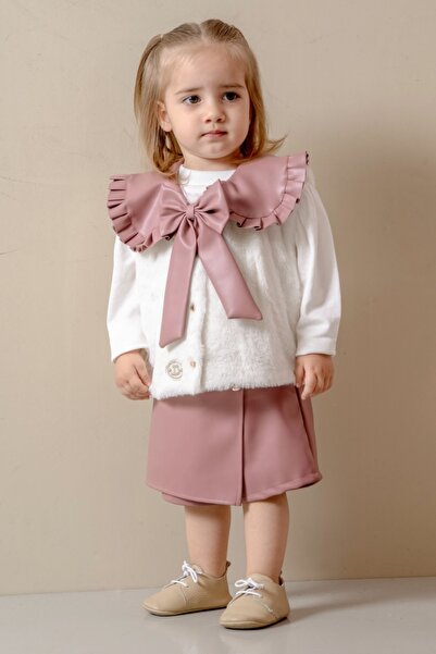 PARK BEBE Baby Girl Fur Vest Leather Shorts Suit 3 Pieces