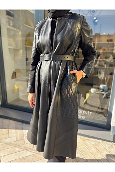MissWhence 38420 Belt Detail Leather Overcoat Black