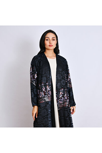 Oya.sa عباية سوداء بقصة انسيابية بقماش الدانتيل بطبعات عشوائية