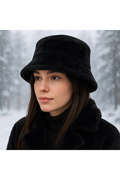 AG collection Siyah Peluş Kova Şapka - Kadın Kışlık Bucket Şapka