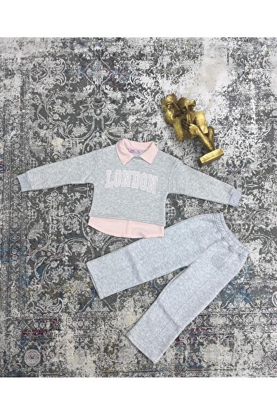 ENN CLOTHIGN CLUB Girl's London Letter Print Collar Detailed Tracksuit Set