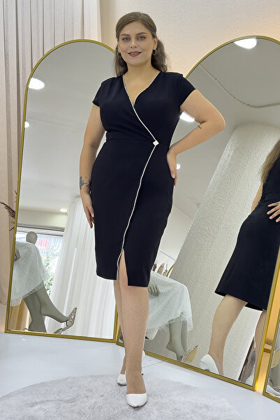 zks grup tekstil Women's Double-Breasted Collar Midi Length Stone Detail Plus Size Dress White, Red, Black, Green, Cobalt