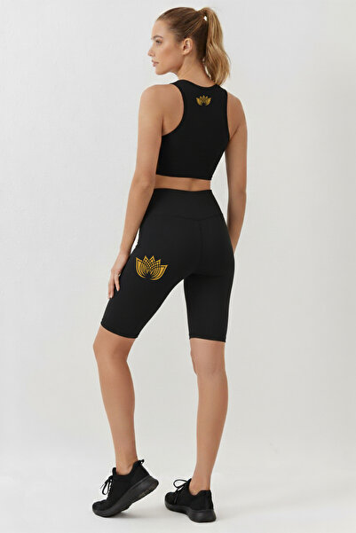 TWINTICKS High Waist Black Yoga Pilates Athlete Short Leggings with 100% Polyamide Fabric Gold Lotus Pattern Women's Set