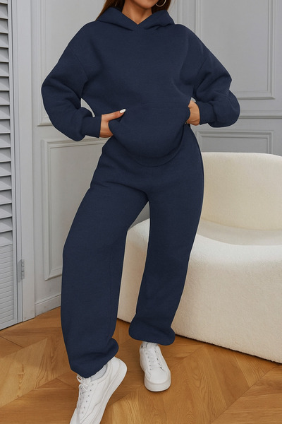 NAKRUF Γυναικείο Σετ Φόρμας 2 τεμαχίων Μαύρο και Ναυτικό Μπλε oversized με κουκούλα Χειμερινό Εσωτερικό Βαμβακερό