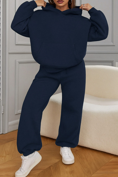 NAKRUF Γυναικείο Σετ Φόρμας 2 τεμαχίων Μαύρο και Ναυτικό Μπλε oversized με κουκούλα Χειμερινό Εσωτερικό Βαμβακερό