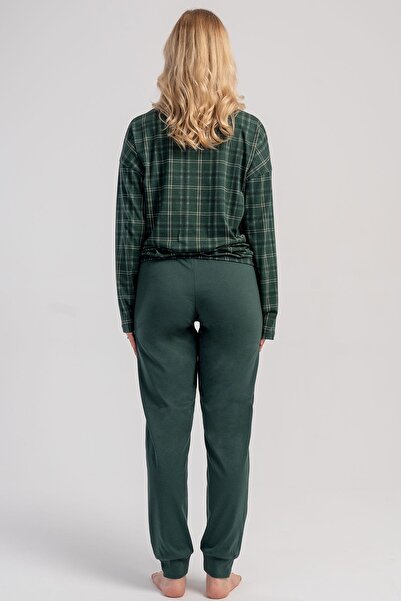 VİENETTA Kadın Haki Ekose Desenli Uzun Kollu Lastikli Paça Pamuklu Pijama Takımı C0T2N1305