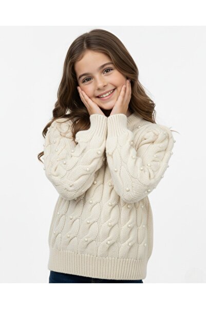 Egelite Girls' Pearl Embroidered Thick Knitted Sweater 10-11-12-13-14-15 Years Old Winter Knitwear Sweater / Balloon Sleeve