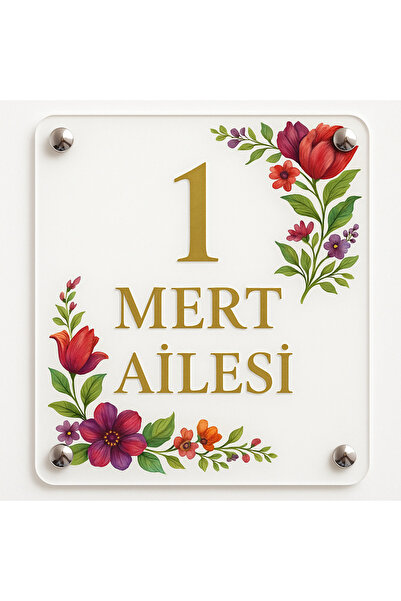 Outdoor One Kişiye Özel Kırmızı Çiçekli Kapı İsimliği | Yazılı Pleksi Apartman & Site Tabelası 20x20cm