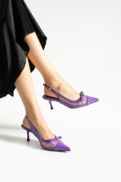 Güllü Shoes Purple Patent Leather Transparent Detailed Bow Stiletto – 7 cm Thin Heeled Elegant Evening Dress and Casual Shoes