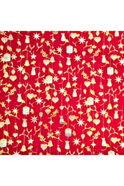 REX Metallic paper for gift wrapping, red decoration with bells, hearts and stars, 150x70 cm