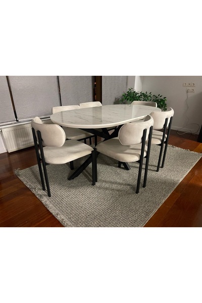 NORTE Bohem Masa Takımı Ahşap Masa Takımı 6 Kişilik Masa Sandalye Metal Dibo ...