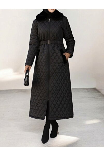 Butik Eylül ,Full Zipper, Hooded , Fur Collar, Quilted Long Coat -Black