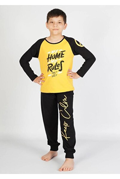 Fendimod Boy's Yellow-Navy Blue Pajama Set Printed Written