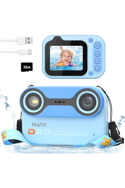 Mafiti Waterproof Digital Camera for Kids - 2.4" IPS, Rechargeable USB, 32GB, Blue