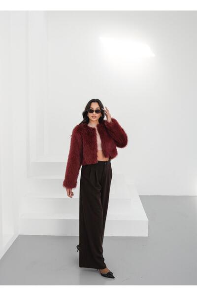 My Loore Palton de damă din blană scurtă, roșu claret, cu agrafe