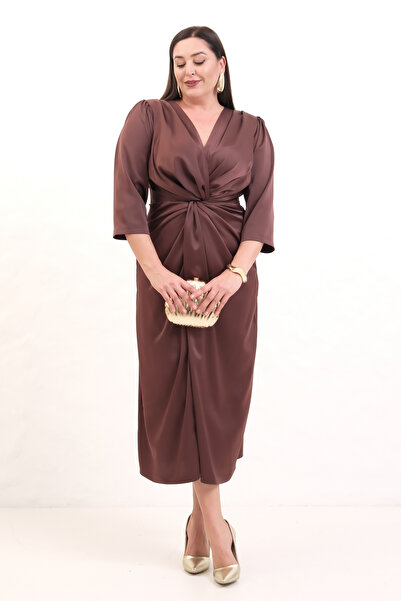 Lafaba Γυναικείο βραδινό φόρεμα μίντι με λαιμόκοψη σε καφέ χρώμα